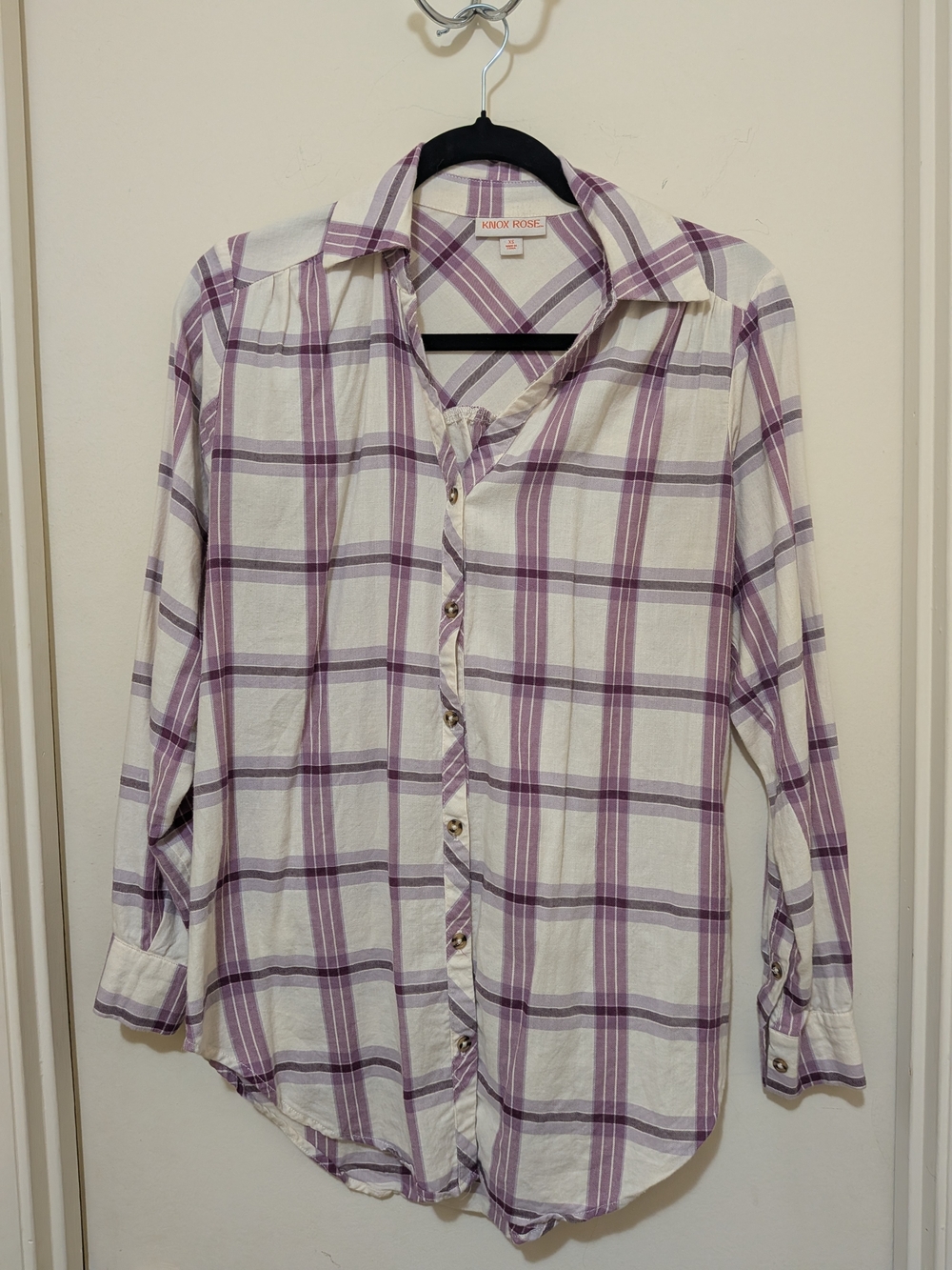 Knox Rose Plaid Button Down Shirt XS Lavender Cream Lightweight Boho